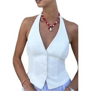Women's Backless Halter Crop Vest Button Up V Neck Dressy Going Out Suit Top